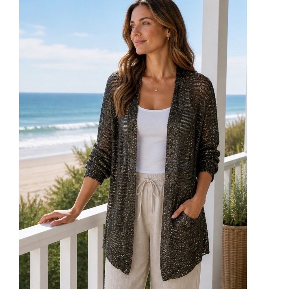 Eileen Fisher Olive Green Open-Knit Cardigan